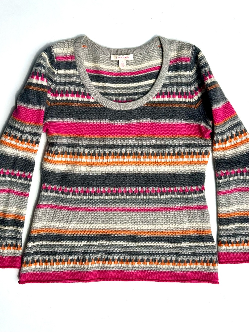 C Cashmere Striped Crewneck Sweater in Gray, Pink & Orange, 100% Cashmere, L